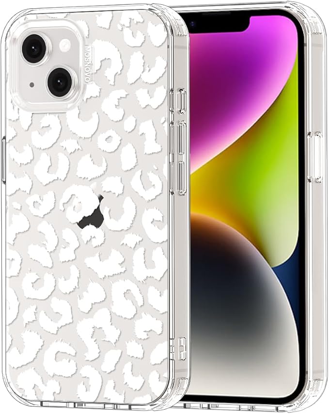MOSNOVO for iPhone 13/14 Case | Military Grade 6.6ft Drop Tested | Clear with White Leopard Print Design