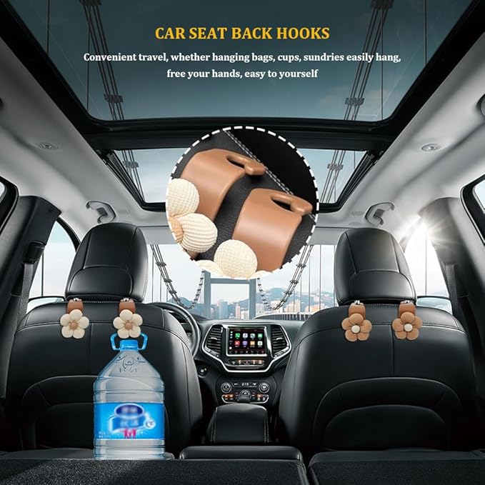 4PCS Car Hooks for Purses and Bags, Flower Car Headrest Hook, Multipurpose Back Seat Hanger Storage Organize Universal (4PCS-Brown Flower)