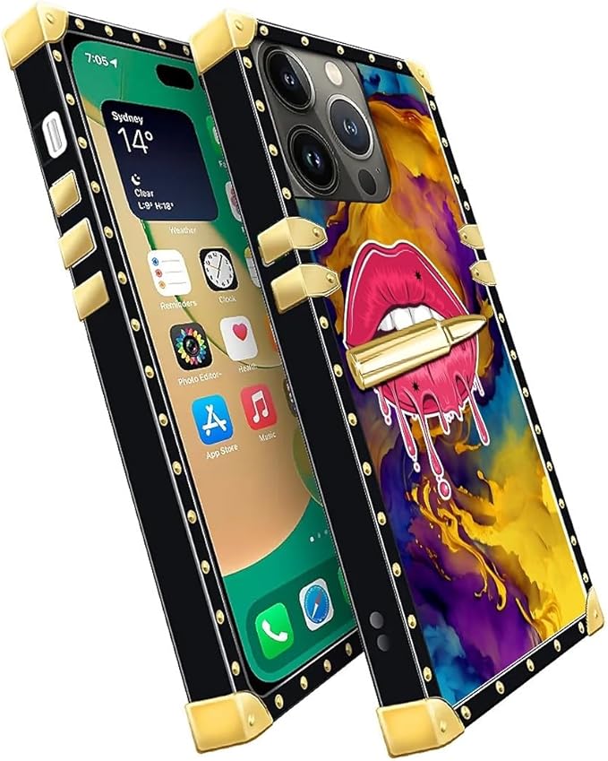 Compatible with iPhone 14 Pro Max Case, Cool Corlorful Lip Marble Luxury Golden Decoration for Girl Women Soft TPU Shockproof Protective Hard PC Back for iPhone 14 Pro Max
