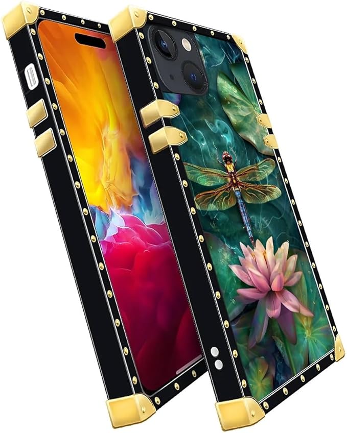 Compatible with iPhone 15 Case, Colourful Dragonfly Pink Lily Pads Luxury Golden Decoration for Girl Women Soft TPU Shockproof Protective Hard PC Back for iPhone 15