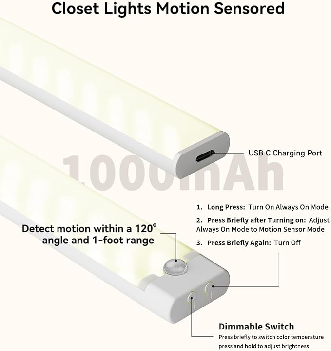 Under Cabinet Lighting 6 Packs with 1 Charging Station, Rechargeable Motion Sensor Light Indoor, 8 Inches, 3 Color Temps, 29LEDs Dimmable Closet Light Stick on, Under Counter Lights for Kitchen
