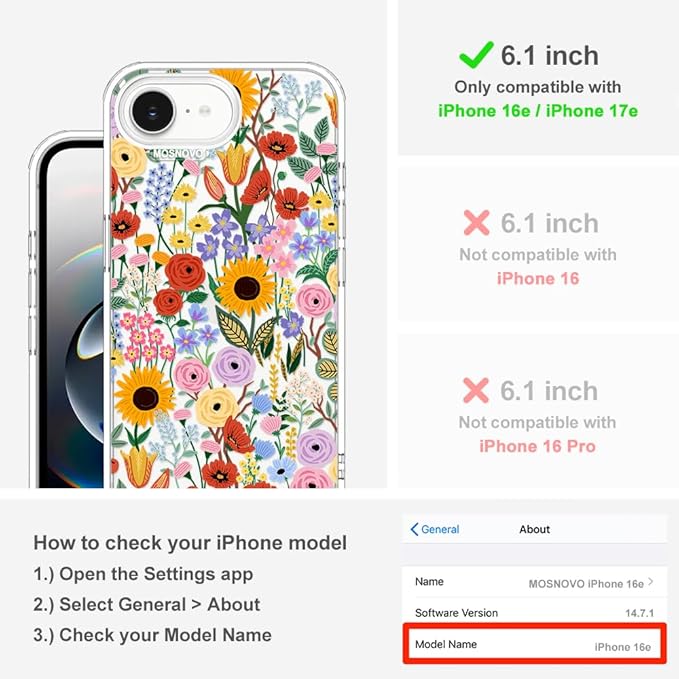 MOSNOVO for iPhone 17e Case/iPhone 16e Case, Shockproof Military-Grade Protection 6.6ft Drop Tested, Clear Phone Case for iPhone 16e / iPhone 17e, Blossom & Bloom Design