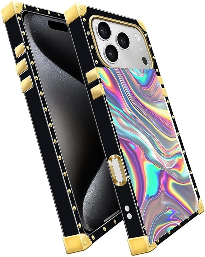for iPhone 17 Pro Max Case Luxury Golden Decoration for Girl Women Soft TPU Shockproof Protective Hard PC Back for iPhone 17 Pro Max Crazy Pattern Holographic Abstract Iridescent Textures
