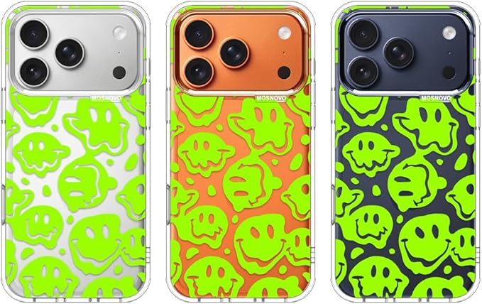 MOSNOVO for iPhone 17 Pro Case | Military Grade 6.6ft Drop Tested | Camera Control | Clear with Distorted Green Smiles Face Design