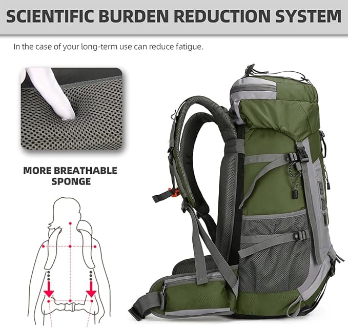 King'sGuard 60L Hiking Backpack for Men and Women Lightweight Camping Hiking Backpack with Rain Cover Large Waterproof Travel Backpack Backpacking Pack (Army Green)