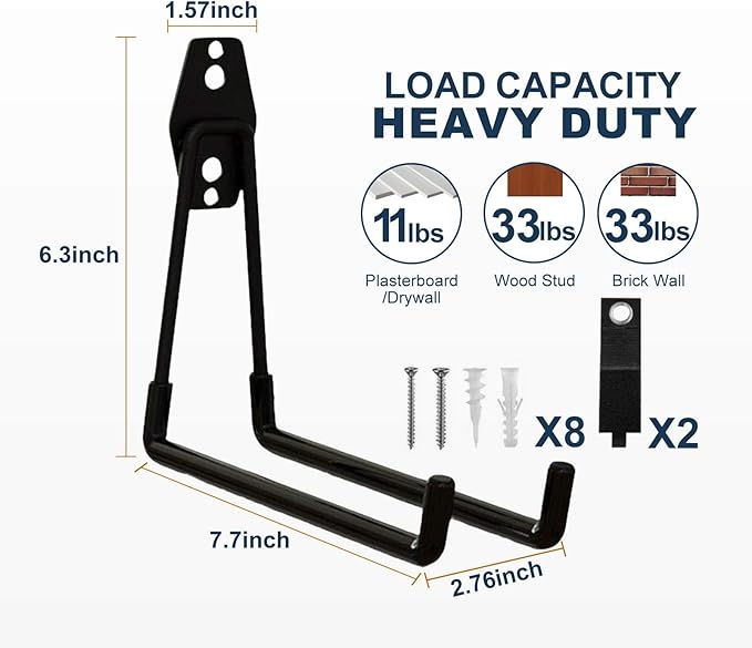Garage Hooks Heavy Duty, 4 Pack Large Square Steel Garage Storage Hooks with Anti-Slip Coating, Multi-Purpose Ladder Hooks for Hanging Garden Tools, Hoses, Bikes and Folding Chairs (Black)