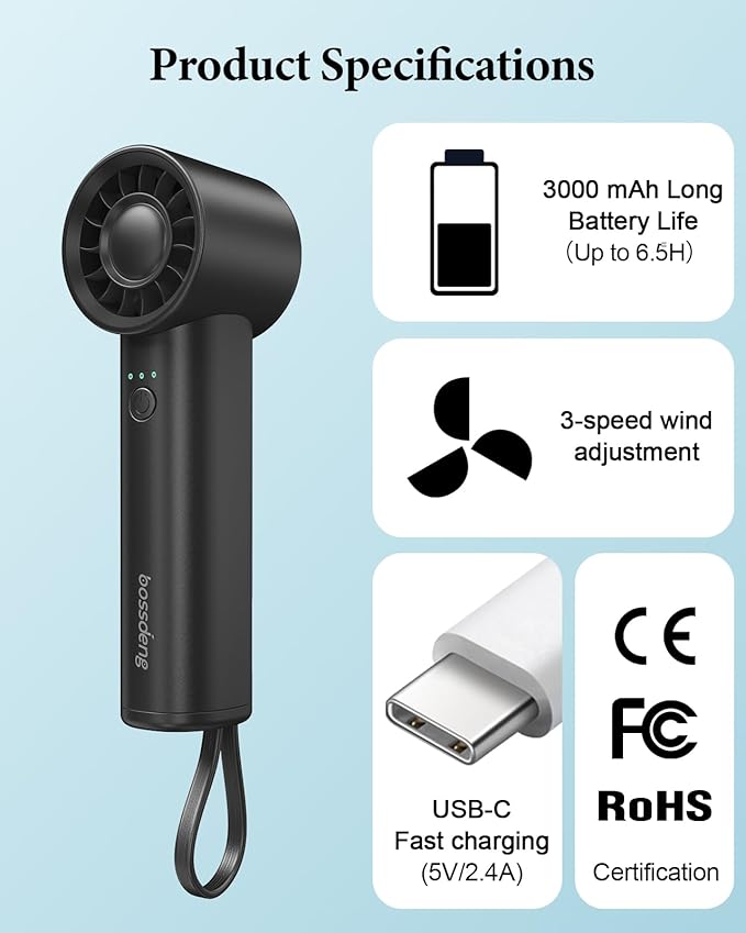 Portable Handheld Fan with Power Bank(High-Speed),3 IN 1 USB Rechargeable Mini Personal Fan with Flashlight,Small Size for Outdoor/Travel/Beach/Concerts/Summer.Gifts for Girl,Women.Black