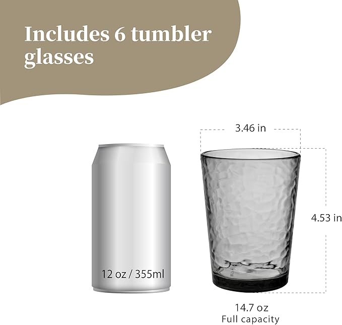 KLIFA- NICE- 14.7 ounce, Set of 6, Acrylic Tumbler Drinking Glasses, BPA-Free, Stackable Plastic Drinkware, Dishwasher Safe Cups, Gray