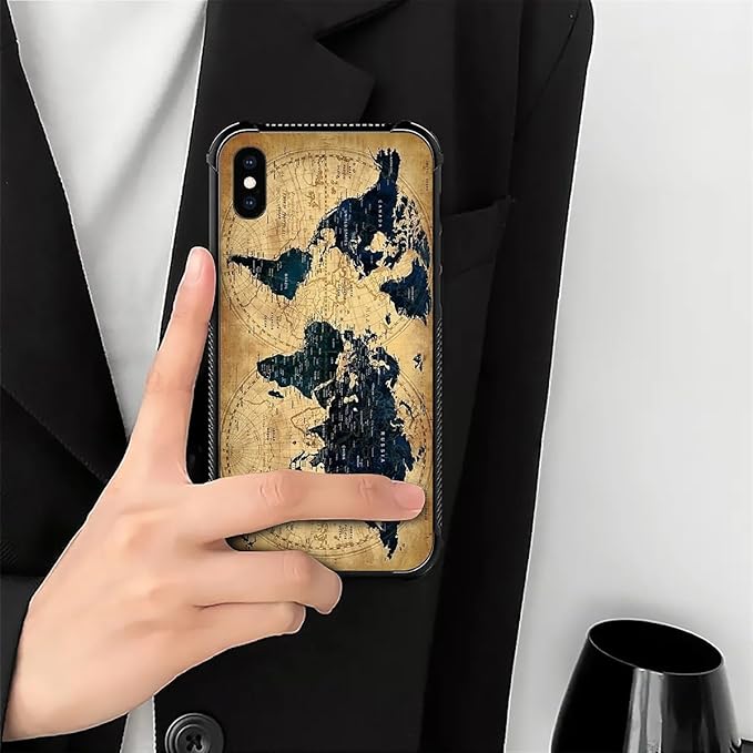 for iPhone X/Xs Case, Brown World Map Pattern Made of Soft Silicone Hard Acrylic Shock Protection for iPhone X/Xs