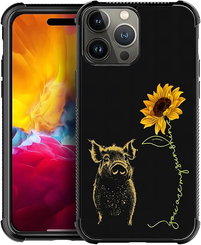 for iPhone 15 Pro Max Case, Pig Sunflower Yellow Sunshine Pattern Graphic Design Girl Boy Soft Silicone Hard Acrylic Shock Protection for iPhone 15 Pro Max