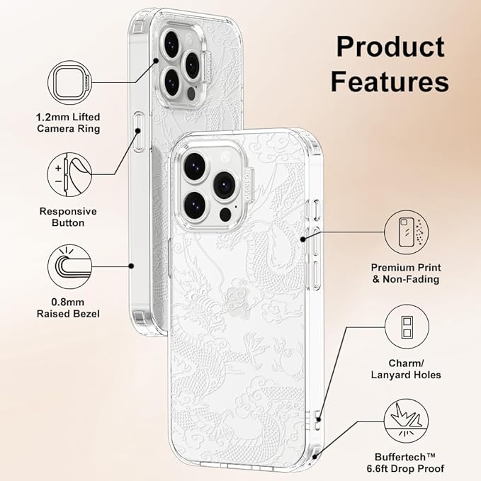 MOSNOVO Case for iPhone 14 Pro Max, [Buffertech 6.6ft Military-Grade Drop Protection] [Anti Peel Off Tech] Clear TPU Bumper Phone Case Cover Design - White Dragon