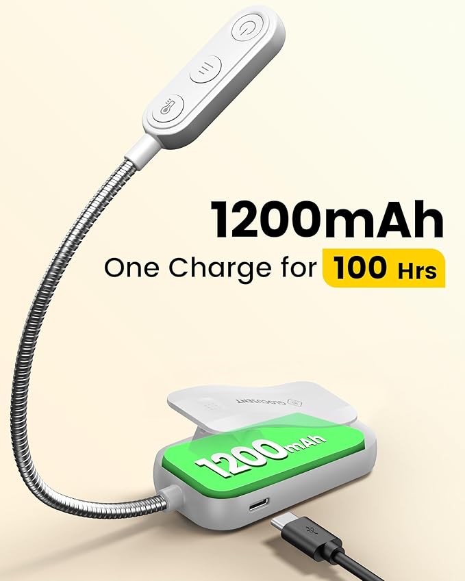 Glocusent 20 LED Reading Lights for Books in Bed, Eye Caring Reading Light, 5 Colors & 5 Brightness 3–100LM Dimmable, 1200mAh Rechargeable Book Light to 90H, Lightweight Clip on Light for Book Lovers