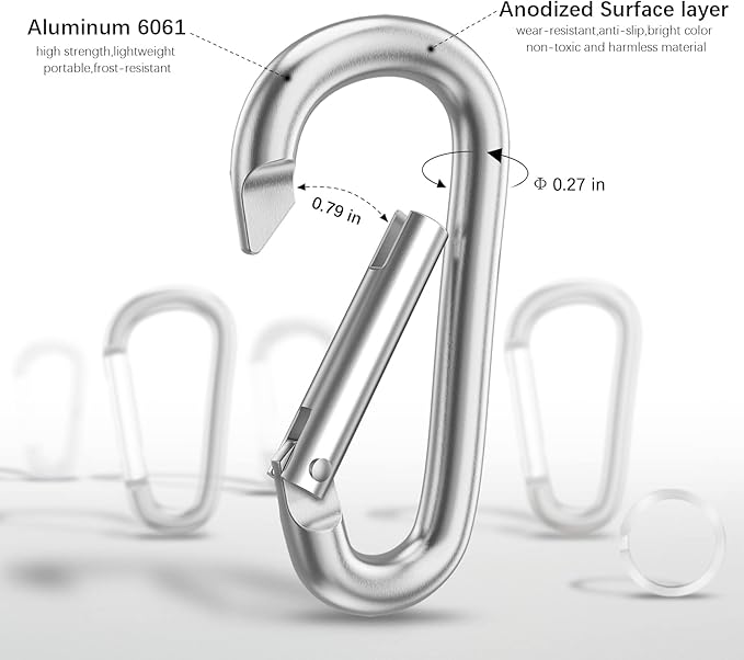 sprookber 3" Aluminum Carabiner D Ring, Caribeener Clips, Spring Snap Hook for Keychain Clip, Set of 10