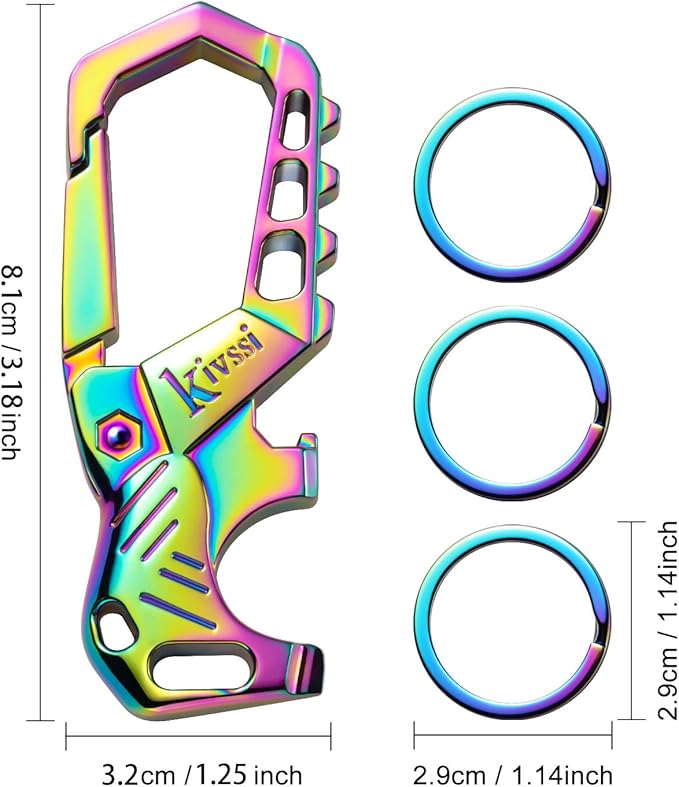 Kivssi Heavy duty metal keychains, Carabiner clip Car key chains,Fashion family keychain bottle opener and 3 Key Rings suitable for men and women.（Multicolor-1pcs）