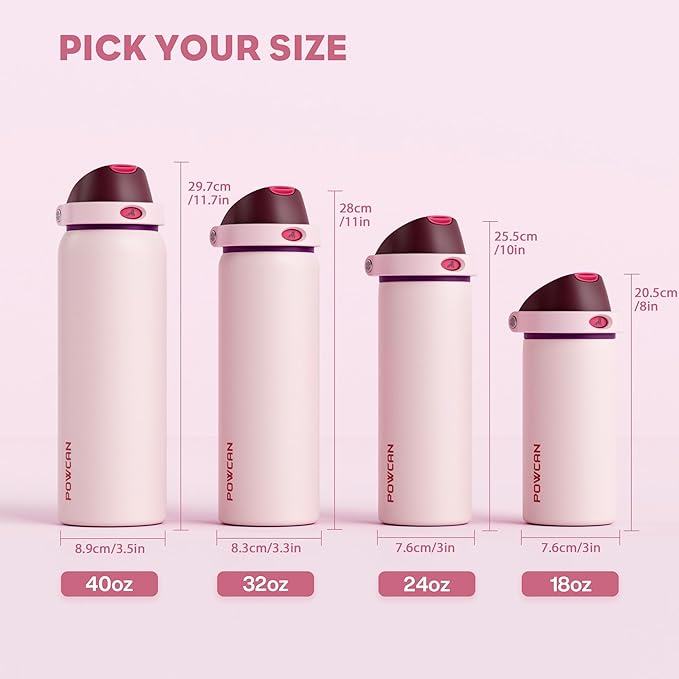 POWCAN 18 oz Stainless Steel Water Bottle: 2-in-1 Push-Button Spout & Quick-Flip Straw, Leakproof, Cold 24 Hrs, Fits Car Cup Holder, Insulated Bottle for Gym, School, Travel, Outdoor Gift (Plum Field)