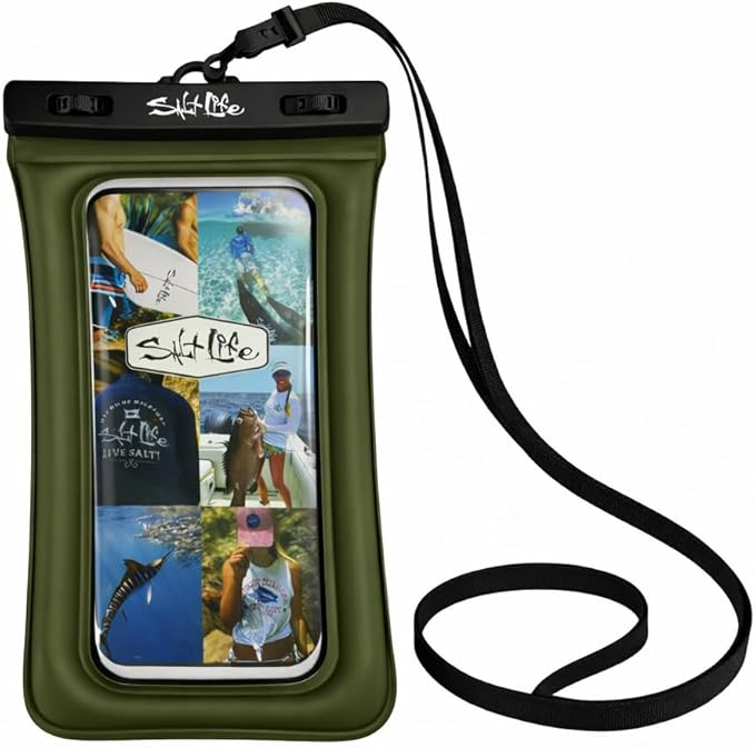 Salt Life Floating Waterproof Phone Case– IPX8 100% Waterproof Phone Case that Floats in Water, Universal Phone Dry Bag with Touchscreen Clear Window, Secure Seal Closure & Lanyard (Dark Green)