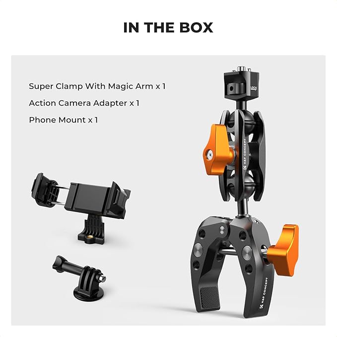K&F CONCEPT Camera Clamp Mount, Super Clamp Mount Magic Arm with Two 360° Ball Heads, ARRI 1/4" Screw Threads for DSLRs, Action Camera, Tripod, Phone Compatible with Gopro/DJI/Insta360