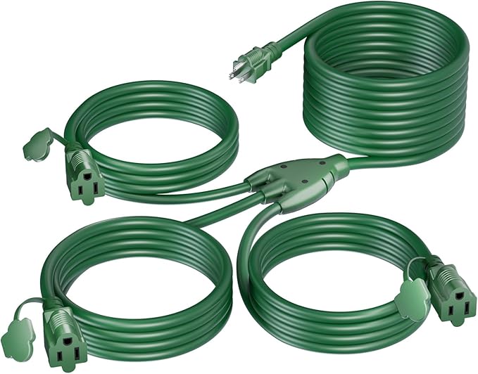 K KASONIC - 40FT Outdoor Extension Cord 1 to 3 Splitter, 3 Prong Outlets Plugs with Safety Covers, Weatherproof Extension Cord for Christmas Decorations, 16/3 SJTW, ETL Listed, Green