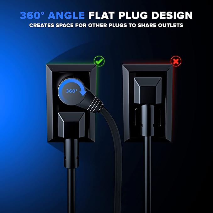 Maximm Cable 50 Ft 360° Rotating Flat Plug Extension Cord, 16/3 AWG Multi 3 Outlet 3-Prong Grounded Wire- Black - UL Certified