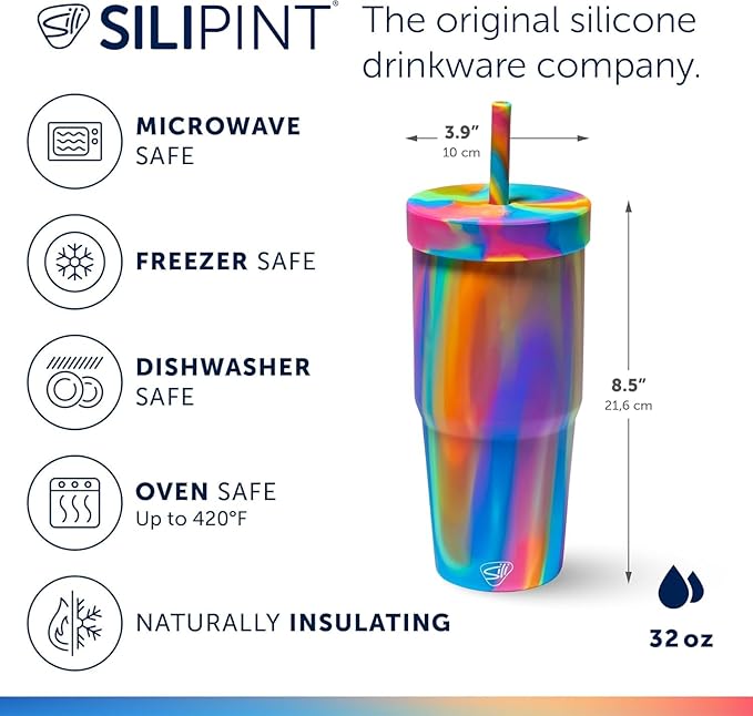 Silipint 32oz Silicone Straw Tumbler – BPA-Free, Non-Toxic, Unbreakable, Microwave, Dishwasher Safe – Perfect for Tea, Cold Water, Smoothies, Hippie Hops - Pack of 2