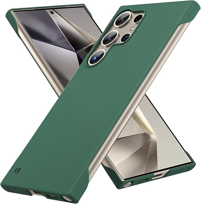 GRECAZO Slim Borderless for Samsung Galaxy S24 Ultra Phone Case 6.8"(2024) Ultra-Thin Lightweight Frameless Matte Hard PC Cover Case with Pull Ring Minimalist Non Slip Rope-Dark Green