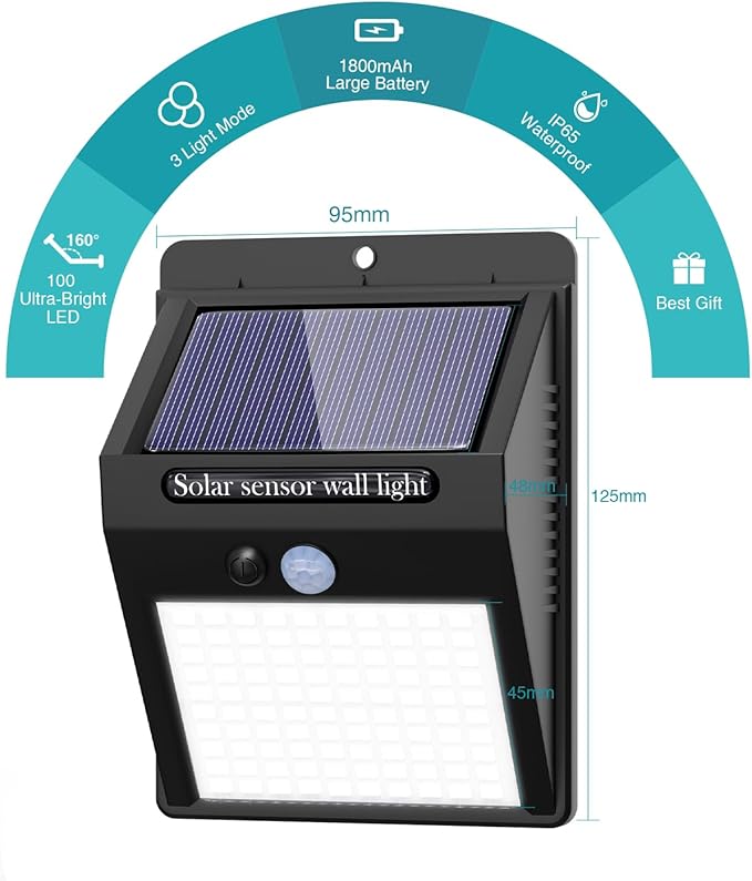 4 Pack Solar Motion Lights Outdoor, 3 Modes/100LED Solar Security Wall Lights Outdoor Wireless IP65 Waterproof for Front Door, Backyard, Garage, Deck