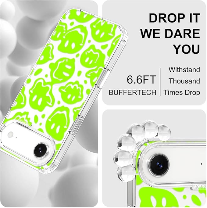 MOSNOVO for iPhone Air Case | Military Grade 6.6ft Drop Tested | Camera Control | Clear with Distorted Green Smiles Face Design