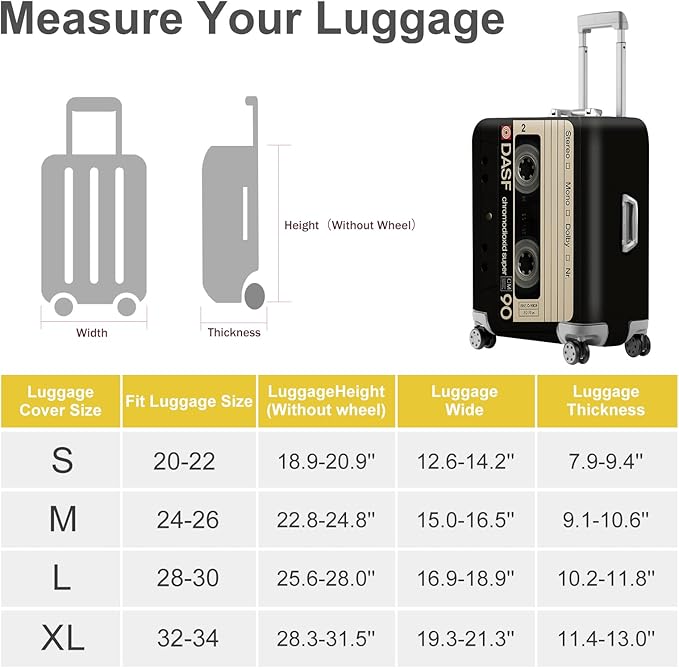 ANNA QUEEN Retro Cassette Tape Luggage Cover, Vintage Music Design Suitcase Protector, Washable Stretchable Travel Sleeve for 32-34 Inch Luggage
