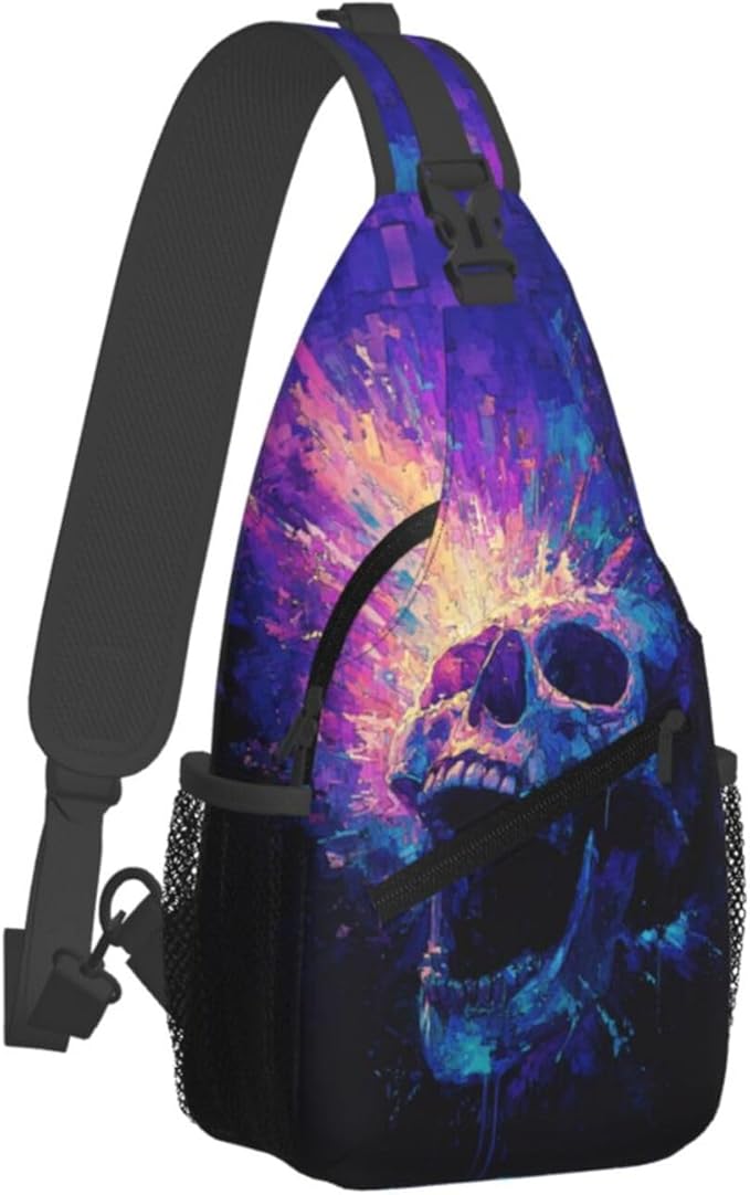 Trippy Skull Sling Bag Crossbody Travel Hiking Chest Backpack Shoulder Daypack For Women Men
