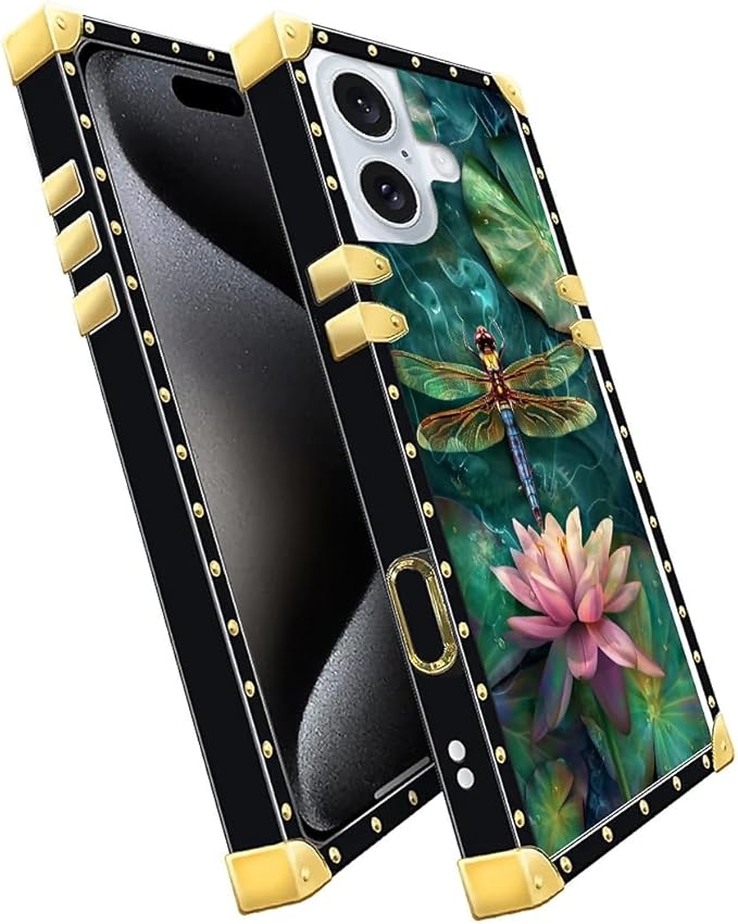 Compatible with iPhone 16 Case, Colourful Dragonfly Pink Lily Pads Luxury Golden Decoration for Girl Women Soft TPU Shockproof Protective Hard PC Back