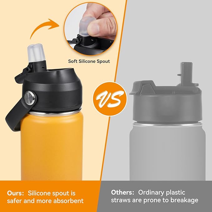 Fijinhom 24oz Insulated Stainless Steel Water Bottle, Wide Mouth Double Wall Vacuum, Silicone Straw, Sweat & Leak Proof, BPA Free Insulated Water Flask for Travel, Keep Cold 24h Hot 12h, Orange