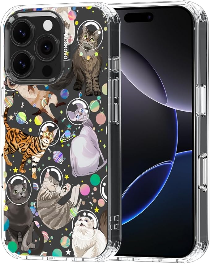MOSNOVO Case for iPhone 16 Pro, [Buffertech 6.6ft Military-Grade Drop Protection] [Anti Peel Off Tech] Clear TPU Bumper Phone Case Cover Design - Space Cat