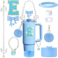 9pcs Stanley Cup Accessories Set- for 30oz 40oz Tumblers with Handle - Bule Kit Includes Bow Straw Topper and Boot, Charm, Pearl Handle Strap & Stickers - Aesthetic Girl Gifts (E)