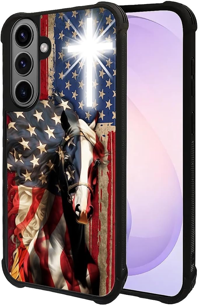 for Samsung Galaxy S26 Plus Case,Graphic Design for Girl Boy Soft Silicone Hard Acrylic Shock Protection Designed for Samsung Galaxy S26 Plus Red American Flag Horse Cross Pattern
