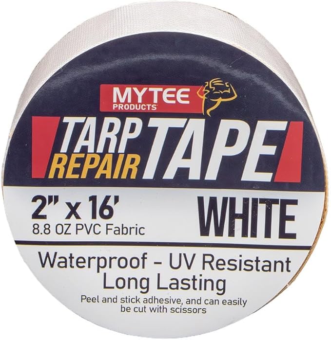 Mytee Products 2" x16' White Vinyl Tarp Repair Tape Kit – Heavy Duty 8.8oz Peel & Stick Waterproof Patch for Canvas, Tent, Awning, Boat Cover, RV & Truck Tarps, UV Resistant