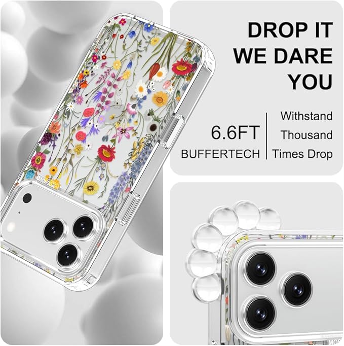 MOSNOVO for iPhone 17 Pro Max Case | Military Grade 6.6ft Drop Tested | Camera Control | Clear with Wildflower Meadow Design