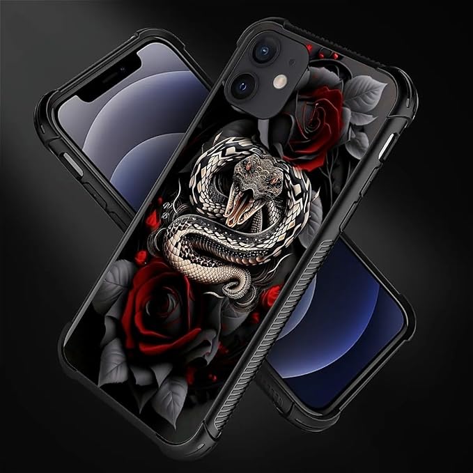 for iPhone 11 Case, Entwined Rose Snake Pattern Graphic Design Girl Boy Soft Silicone Hard Acrylic Shock Protection for iPhone 11