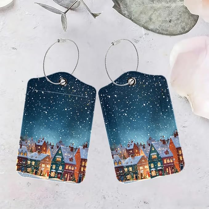 2Pcs Winter Village Luggage Tags for Suitcases, 2.83x4.53 Christmas ID Labels with Privacy Cover, Aesthetic Snowy Town Bag Tags for Backpacks, Holiday Gift for Travelers, Set of 2