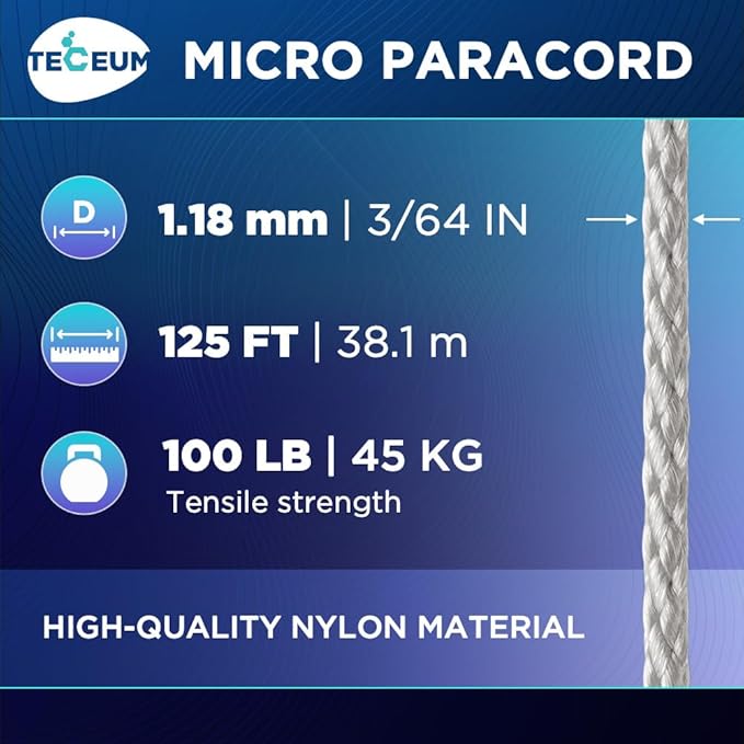TECEUM Micro Paracord – 1.18 mm X 125 ft – Micro Utility Cord – Thin Braided Paracord Rope – Best for Crafting, DIY Projects, Fishing, Camping – Wind Chime Replacement – Survival Strong String