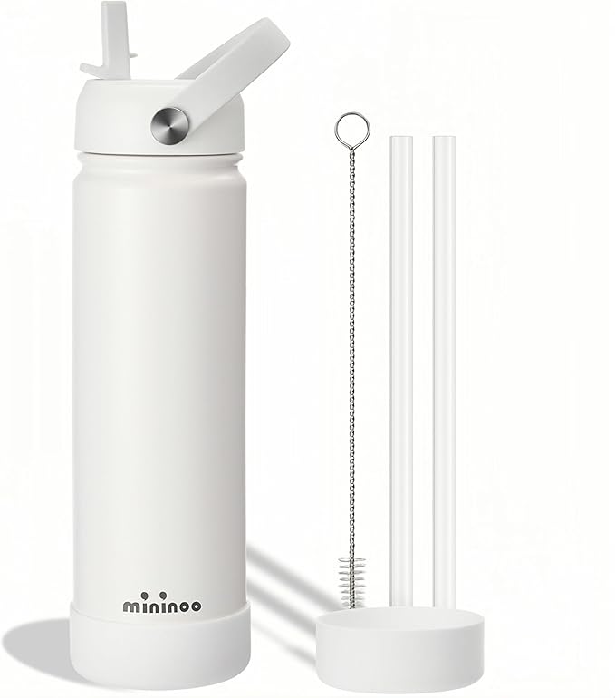 mininoo Insulated Stainless Steel Water Bottle with Straw, BPA-Free & Leak-Proof, 24 oz, White