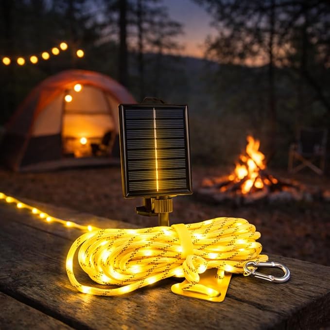 Solar Luminous Paracord Rope, 23ft Solar-Powered Yellow Glow Rope with Remote, 8 Lighting Modes + Timer, 500 mAh Battery, IP66 Waterproof for Outdoor Camping