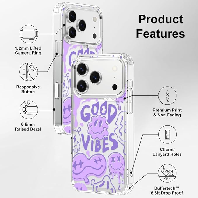 MOSNOVO for iPhone 17 Pro Case | Military Grade 6.6ft Drop Tested | Camera Control | Clear with Good Vibes Design