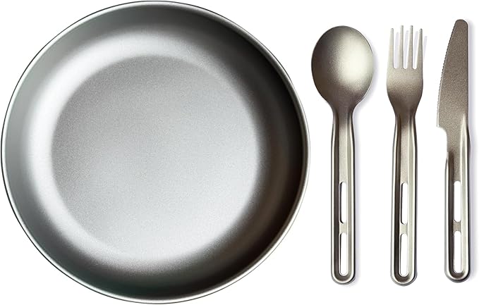 7.5Inch Titanium Plate With Knife Fork Spoon Set Of 4 - Ultralight For Backpacking, Hiking, Travel Dinnerware Easy Clean Compact