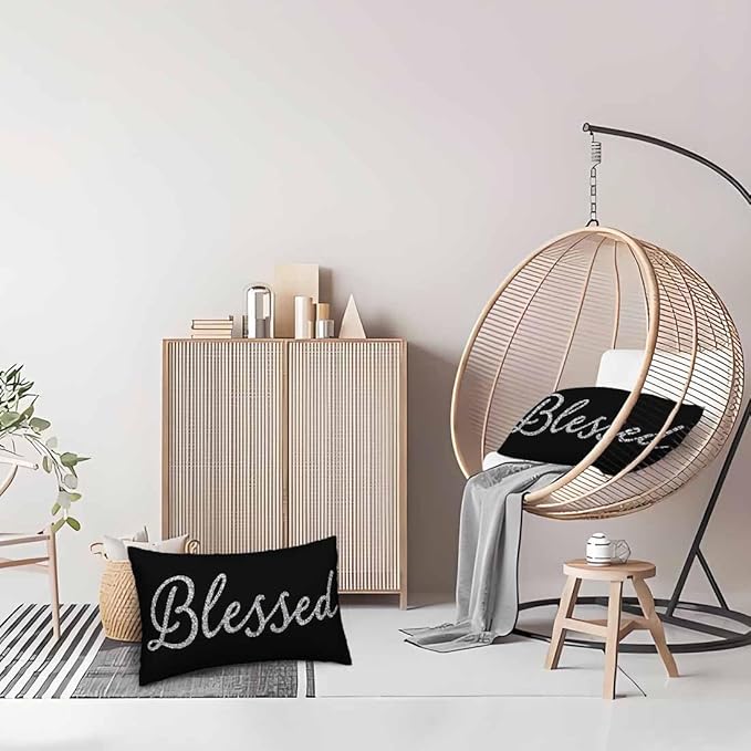 Bling Blessed White Throw Pillow Covers 12 X 20 Highlights Blessed Black Set of 2 Pillow Cases Velvet Outdoor Pillowcases Decorative for Home Bed Sofa Couch Hotel