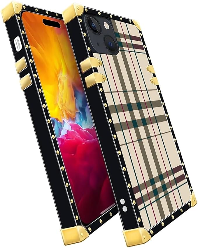 Compatible with iPhone 15 Case, Black Red Beige Stripes Luxury Golden Decoration for Girl Women Soft TPU Shockproof Protective Hard PC Back for iPhone 15