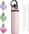 BJPKPK 25oz Insulated Water Bottle with 2-1 Straw Spout Lid, Stainless Steel Metal Water Bottles with Carry Handle, BPA Free, Leak-Proof, Fits in Car Cup Holder, Thermo for Sports,Pearl Pink