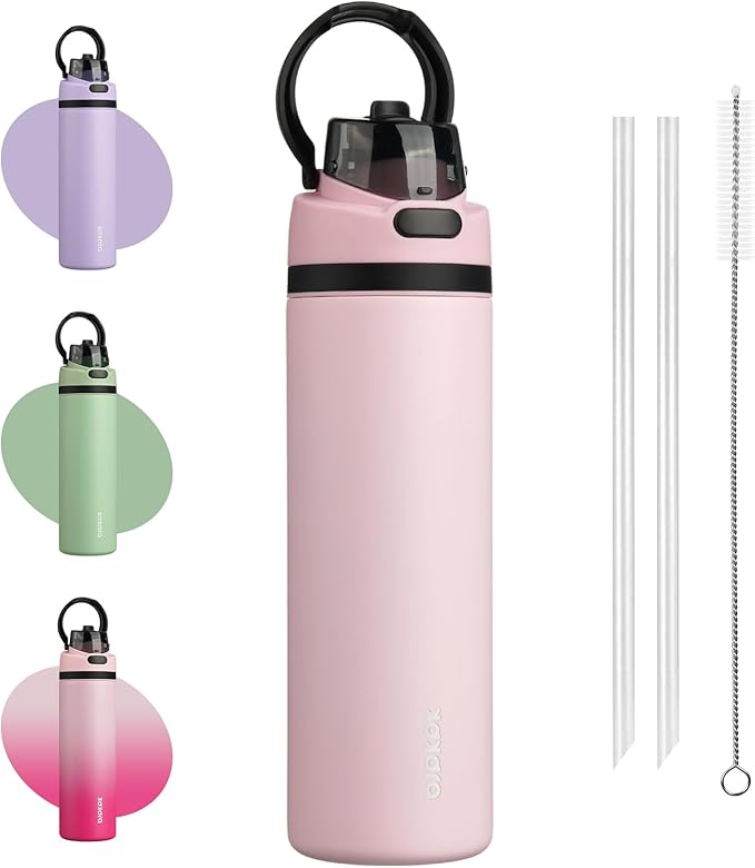 BJPKPK 25oz Insulated Water Bottle with 2-1 Straw Spout Lid, Stainless Steel Metal Water Bottles with Carry Handle, BPA Free, Leak-Proof, Fits in Car Cup Holder, Thermo for Sports,Pearl Pink