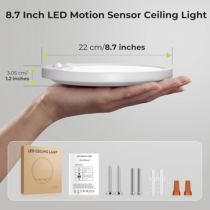 hepside 2 Pack Motion Sensor Ceiling Light Wired, 3000K/4000K/6500K LED Flush Mount Ceiling Light Fixture, 8.7Inch 18W Motion Sensor Light with Timer for Closet Stair Porch Hallway Pantry,White