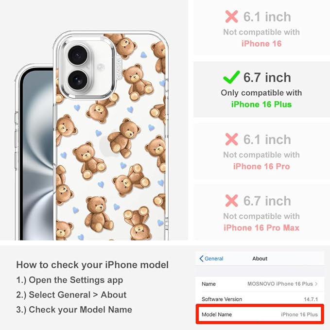 MOSNOVO for iPhone 16 Plus Case, Shockproof Military-Grade Protection 6.6ft Drop Tested, Clear Phone Case for iPhone 16 Plus, Teddy Mood Design