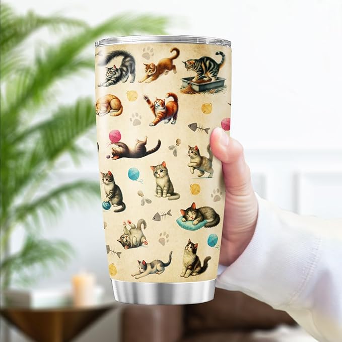 Cute Cat Pattern Travel Mug, 20oz Insulated Stainless Steel Tumbler for Cat Lovers, Double Wall Thermal Cup for Coffee, Tea, Water, and Outdoor Use